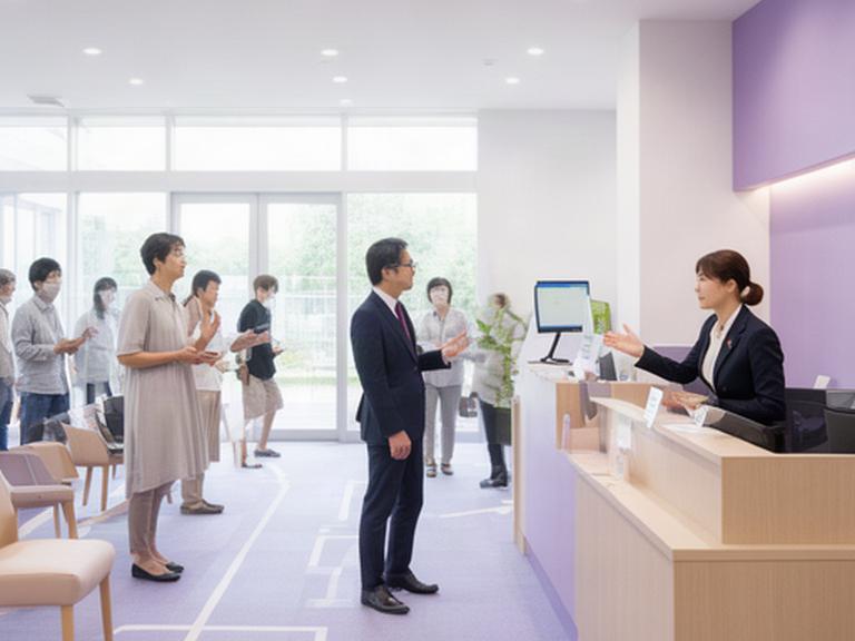 静岡県牧之原市の施設受付でスタッフが来訪者の流れを確認する様子