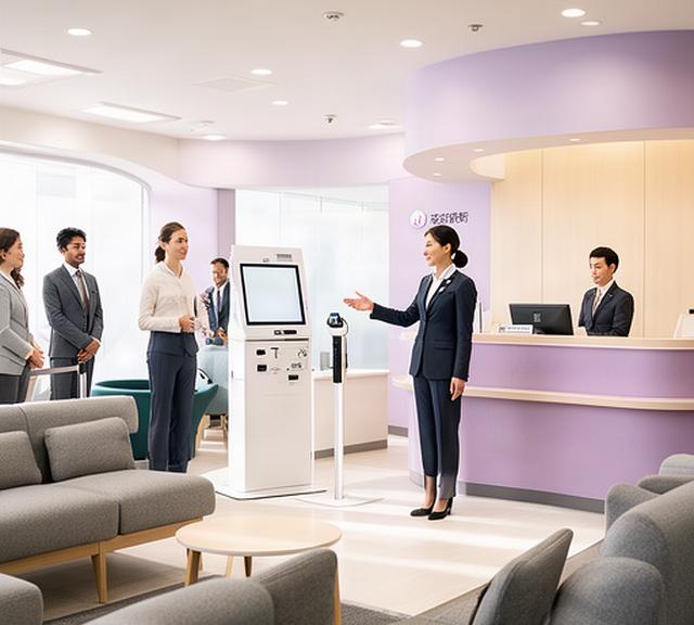 明るい銀行店舗で受付端末と有人窓口を案内するスタッフと待合スペース