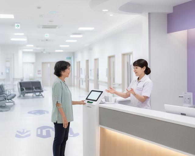 明るい総合病院の受付カウンターでスタッフが患者を案内している様子