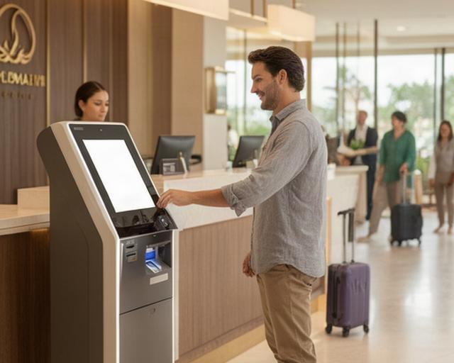 リゾートホテルの受付カウンターと自動キー発行機を利用するゲスト