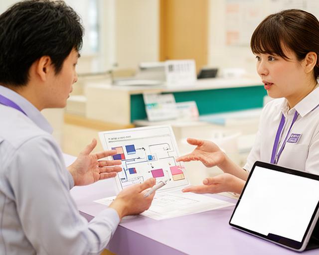 静岡県の施設受付でシステム担当者と現場スタッフが動線図を確認する様子