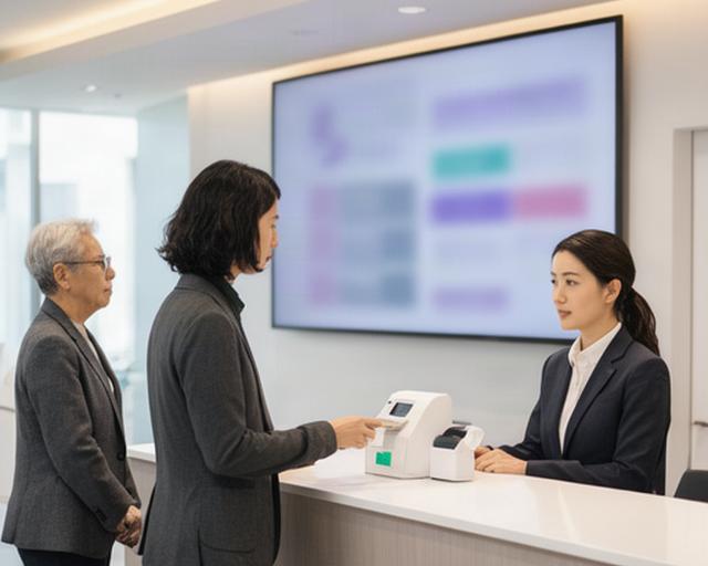 公共施設の受付カウンターと番号表示サイネージ、順番を確認する来訪者の様子