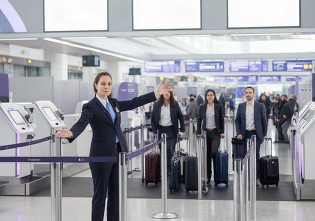 空港の手荷物預けカウンターで複数レーンへ旅客を誘導する案内スタッフ