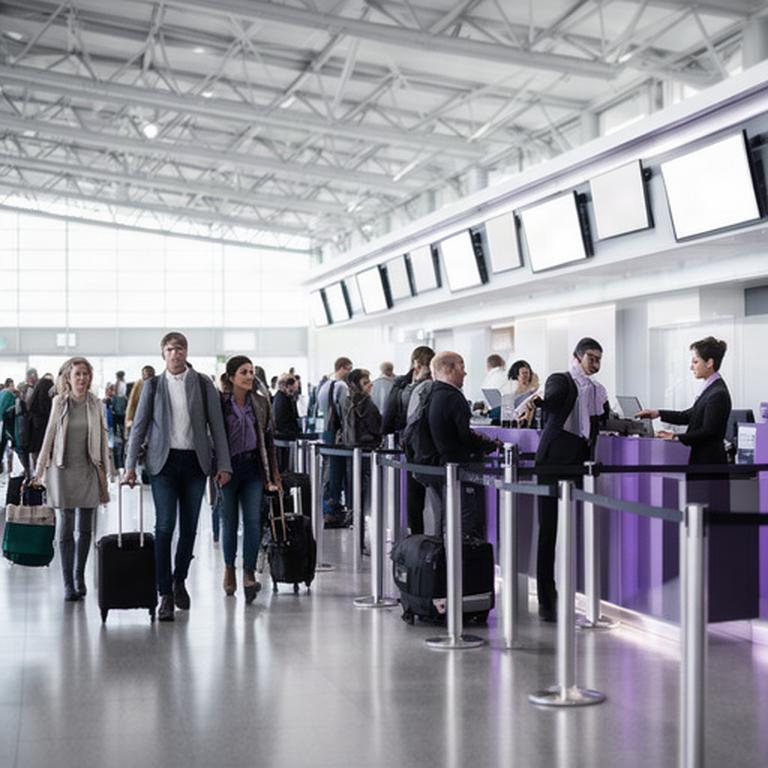 空港の出発ロビーで案内表示を確認しながら進む旅客と整然とした受付レーン